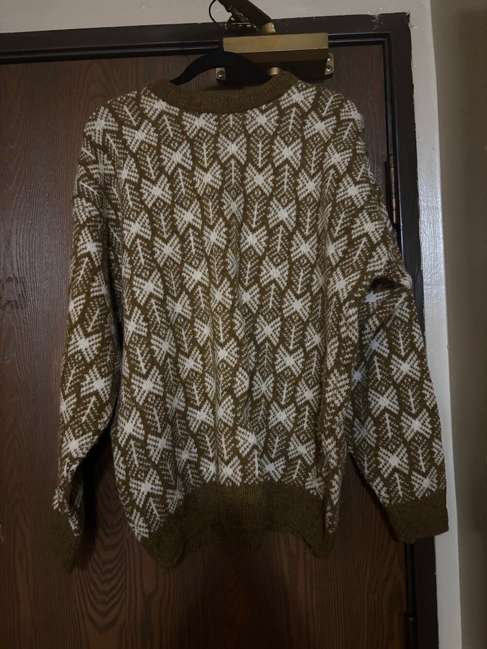 Handmade Knitted Wool Olive Green Boho Tribal Geometric Pullover Sweater